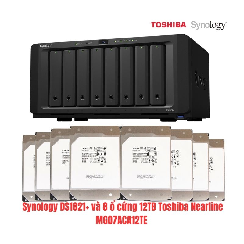 Combo NAS Synology DS1821+ và 8 ổ cứng 12TB Toshiba Nearline MG07ACA12TE. Cho người dùng doanh nghiệp