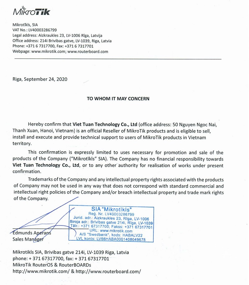 chứng nhận nhà phân phối mikrotik