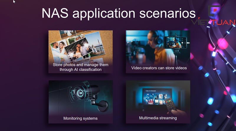 QNAP TS-233 là thiết bị lưu trữ NAS 2 bay được nhắm với môi trường cá nhân/gia đình/doanh nghiệp quy mô nhỏ. Với thiết kế nhỏ gọn, màu trắng trang nhã, hoạt động êm ái. TS-233 mang đến cho bạn khả năng lưu trữ dữ liệu tập trung, sao lưu,chia sẻ như một đám mây cá nhân. Bên cạnh đó QNAP cung cấp các ứng dụng gia tăng hiệu xuất làm việc từ xa cho doanh nghiệp, và ứng dụng giải trí đa phương tiện cho cá nhân/gia đình. Hình ảnh Thiết bị lưu trữ NAS QNAP TS-233 và 02 ổ cứng Seagate Ironwolf 4TB Thiết kế tối giản trang nhã TS-233 mang màu trắng chủ đạo, thiết kế nhỏ gọn và mỏng. Phù hợp đặt ở bất cứ vị trí nào dù là bàn làm việc hay trong ngôi nhà của bạn. Việc lắp đặt cũng được QNAP tính toán để người dùng lần đầu cũng có thể thao tác mà không cần tô vít. QNAP TS-233 với thiết kế nhỏ gọn, tinh tế. TS-233 được trang bị hệ điều hành QTS 5, gồm các ứng dụng cho gia đình/doanh nghiệp Ứng dụng doanh nghiêp: File Station: công cụ quản lý tệp trong QTS, giúp người dùng truy cập trực quan nội dung thư mục được lưu trữ. Hybrid Backup Sync 3.0 (HSB 3.0): ứng dụng sao lưu, đồng bộ, khôi phục giữ liệu lên đám mây hoặc NAS khác với chiến lược 3-2-1. Qsync: đồng bộ hóa giữ liệu giữa NAS và các thiết bị được liên kết như máy tính, laptop, thiết bị di động. QuFirewall: ứng dụng tường lửa tích hợp trên NAS, bảo vệ giữ liệu bằng cách cho phép/từ chối địa chỉ IP truy cập trái phép. Ứng dụng giải trí đa phương tiện: Plex Media Server: tạo server lưu trữ phim, video, ảnh, nhạc của riêng mình và phát chúng lên các thiết bị khác nhau như tivi, laptop, máy tính, thiết bị di động. Photo Station: lưu trữ ảnh trên đám mây riêng với dung lượng lớn. Music Station: lưu trữ nhạc có độ phân giải cao và dễ dàng phát lại trên các thiết bị. Thông số phần cứng QNAP TS-233 Thông số phần cứng QNAP TS-233 Tham khảo thêm Video Unbox sản phẩm QNAP TS-233 Kích thước QNAP TS-233 và ký hiệu chỉ dẫn Ứng dụng QNAP TS-233 quản lý file dữ liệu ứng dụng QVR Elite của QNAP TS-233 cho hệ thống camera giám sát Ứng dụng QNAP TS-233 làm Media Server
